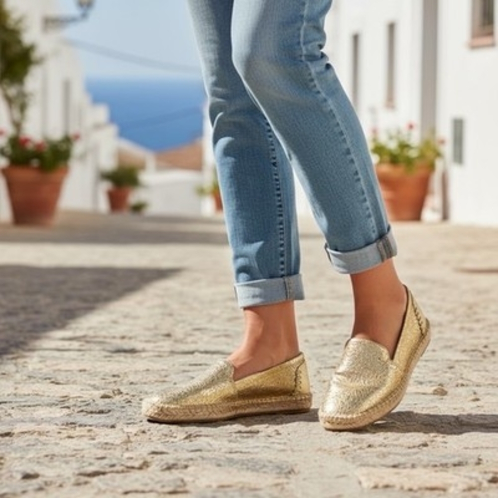 Franco Sarto Kenna Gold Crinkle Leather Espadrilles Slip On Loafers Size 5.5 NIB